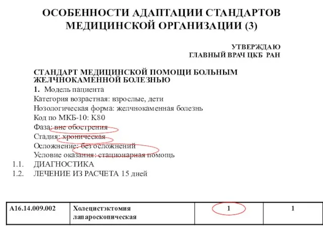 ОСОБЕННОСТИ АДАПТАЦИИ СТАНДАРТОВ МЕДИЦИНСКОЙ ОРГАНИЗАЦИИ (3) УТВЕРЖДАЮ ГЛАВНЫЙ ВРАЧ ЦКБ РАН СТАНДАРТ