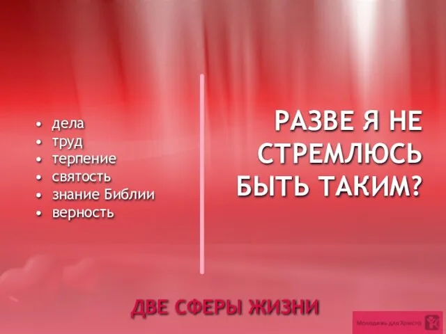 ДВЕ СФЕРЫ ЖИЗНИ дела труд терпение святость знание Библии верность РАЗВЕ Я НЕ СТРЕМЛЮСЬ БЫТЬ ТАКИМ?