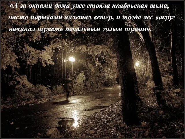 «А за окнами дома уже стояла ноябрьская тьма, часто порывами налетал ветер,