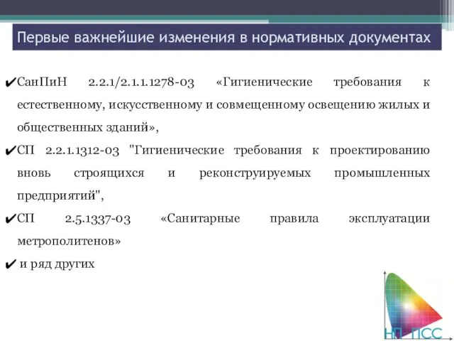 Первые важнейшие изменения в нормативных документах СанПиН 2.2.1/2.1.1.1278-03 «Гигиенические требования к естественному,