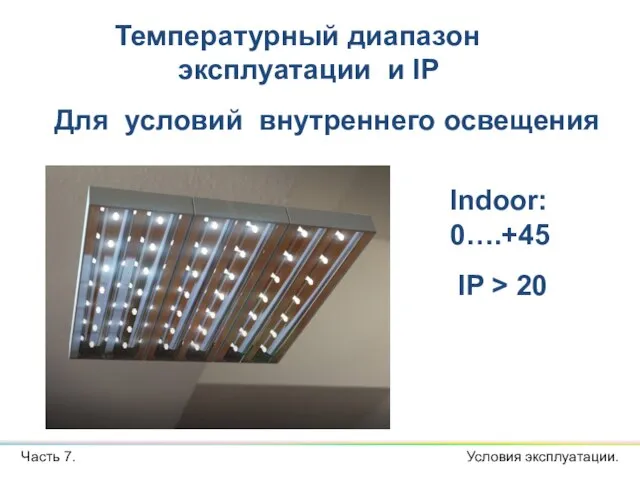 Температурный диапазон эксплуатации и IP Часть 7. Для условий внутреннего освещения Indoor: