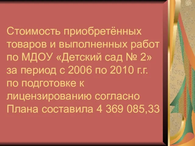 Стоимость приобретённых товаров и выполненных работ по МДОУ «Детский сад № 2»