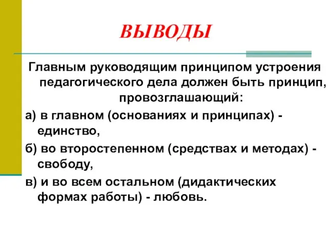 ВЫВОДЫ Главным руководящим принципом устроения педагогического дела должен быть принцип, провозглашающий: а)