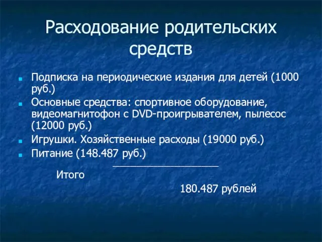 Расходование родительских средств Подписка на периодические издания для детей (1000 руб.) Основные