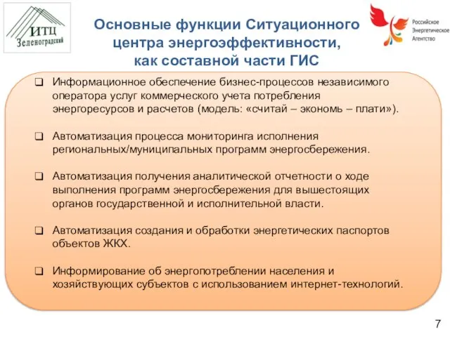 Основные функции Ситуационного центра энергоэффективности, как составной части ГИС Информационное обеспечение бизнес-процессов