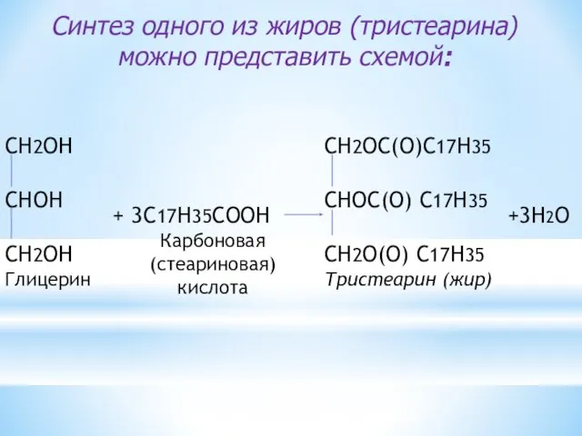 Синтез одного из жиров (тристеарина) можно представить схемой: