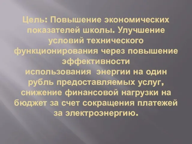 Цель: Повышение экономических показателей школы. Улучшение условий технического функционирования через повышение эффективности