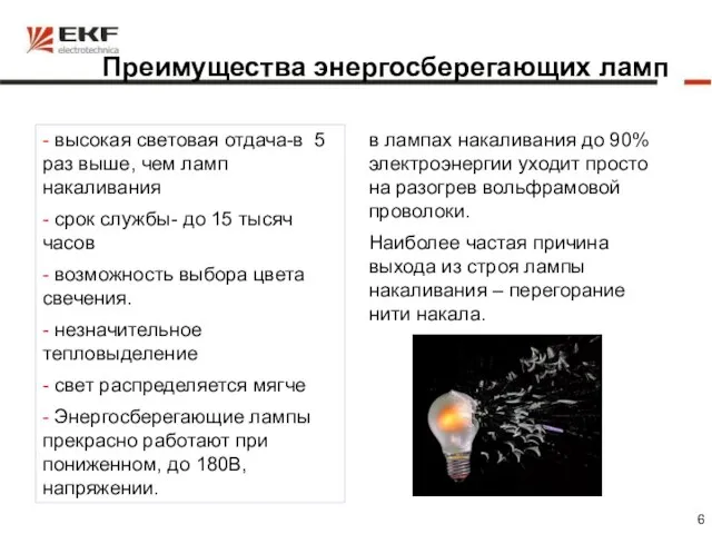 Преимущества энергосберегающих ламп - высокая световая отдача-в 5 раз выше, чем ламп