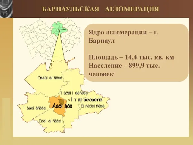 БАРНАУЛЬСКАЯ АГЛОМЕРАЦИЯ Ядро агломерации – г. Барнаул Площадь – 14,4 тыс. кв.