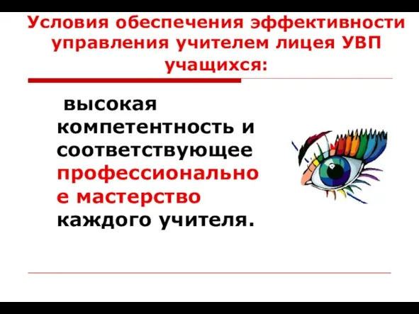 Условия обеспечения эффективности управления учителем лицея УВП учащихся: высокая компетентность и соответствующее профессиональное мастерство каждого учителя.