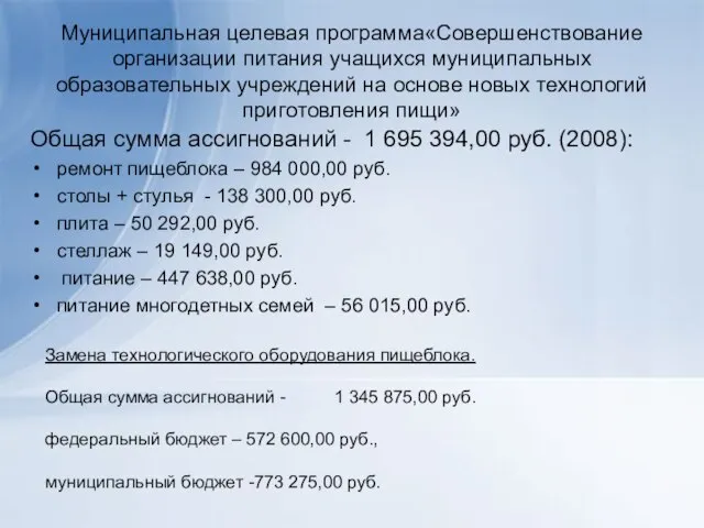 Общая сумма ассигнований - 1 695 394,00 руб. (2008): ремонт пищеблока –