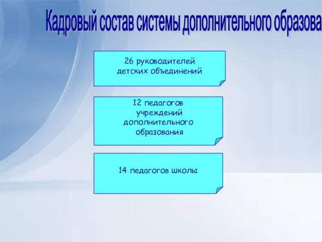 Кадровый состав системы дополнительного образования 26 руководителей детских объединений 14 педагогов школы