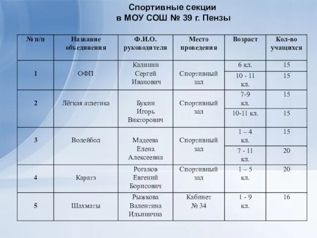 Спортивные секции в МОУ СОШ № 39 г. Пензы