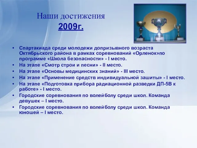 Наши достижения 2009г. Спартакиада среди молодежи допризывного возраста Октябрьского района в рамках