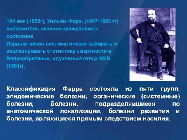 19й век (1855г), Уильям Фарр, (1807-1883 гг) составитель обзоров гражданского состояния. Первым