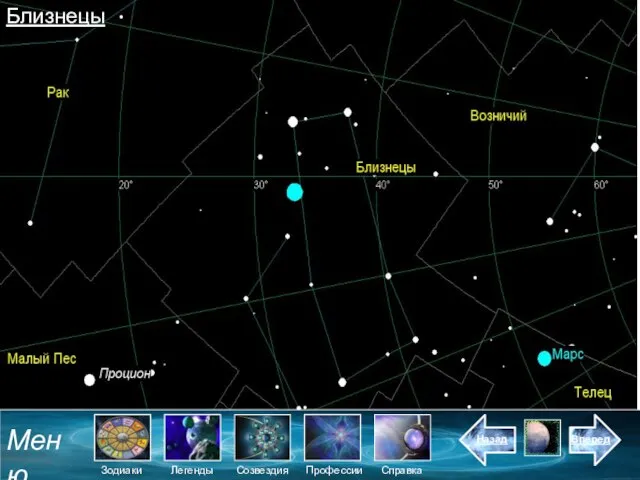 Близнецы Меню Зодиаки Созвездия Легенды Назад Справка Вперед Профессии