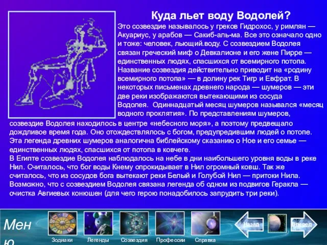 Куда льет воду Водолей? Это созвездие называлось у греков Гидрохос, у римлян