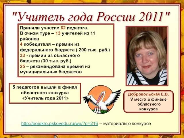 "Учитель года России 2011" Приняли участие 62 педагога. В очном туре –