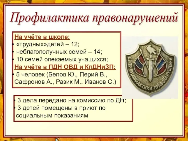 Профилактика правонарушений На учёте в школе: «трудных»детей – 12; неблагополучных семей –