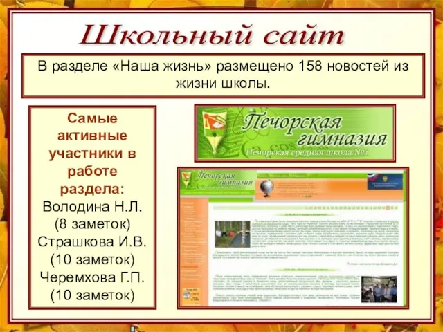 Школьный сайт В разделе «Наша жизнь» размещено 158 новостей из жизни школы.