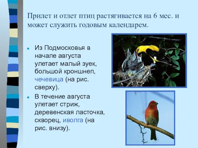 Прилет и отлет птиц растягивается на 6 мес. и может служить годовым