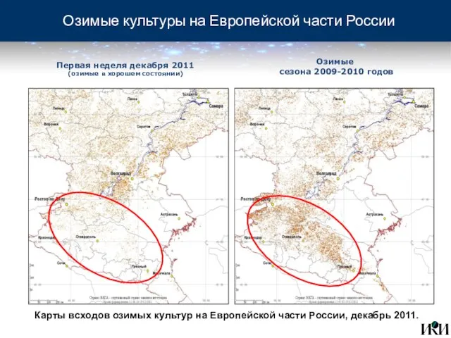 Озимые культуры на Европейской части России Карты всходов озимых культур на Европейской части России, декабрь 2011.