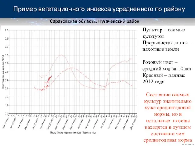 Пример вегетационного индекса усредненного по району Пунктир – озимые культуры Прерывистая линия