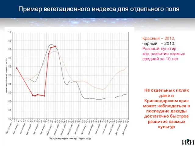 Пример вегетационного индекса для отдельного поля На отдельных полях даже в Краснодарском