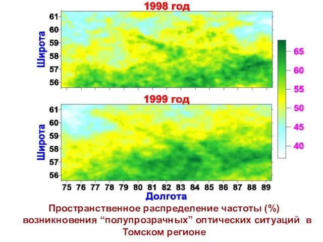 Пространственное распределение частоты (%) возникновения “полупрозрачных” оптических ситуаций в Томском регионе