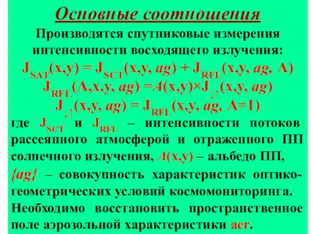 Основные соотношения Производятся спутниковые измерения интенсивности восходящего излучения: JSAT(x,y) = JSCT(x,y, ag)