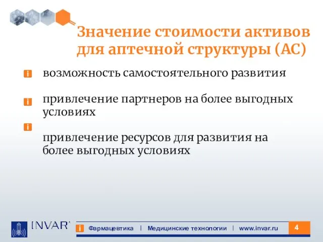 Фармацевтика Медицинские технологии www.invar.ru Значение стоимости активов для аптечной структуры (АС) возможность