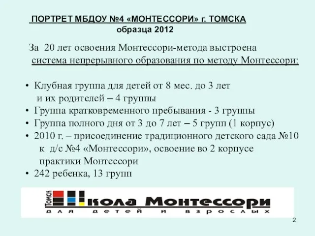 ПОРТРЕТ МБДОУ №4 «МОНТЕССОРИ» г. ТОМСКА образца 2012 За 20 лет освоения