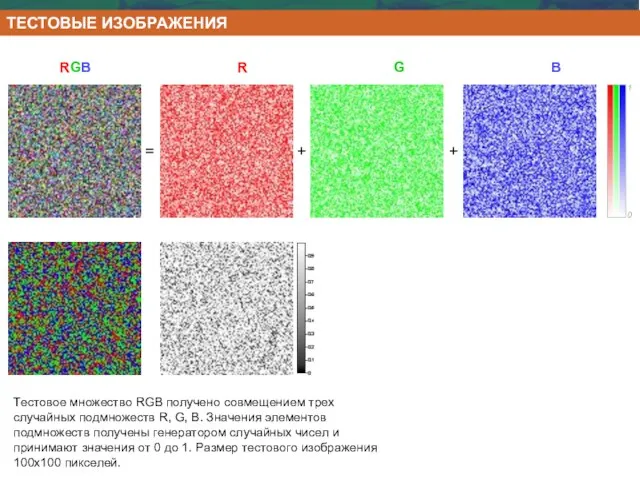 Тестовое множество RGB получено совмещением трех случайных подмножеств R, G, B. Значения