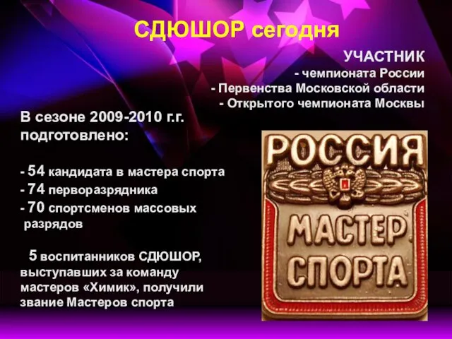 СДЮШОР сегодня УЧАСТНИК - чемпионата России Первенства Московской области Открытого чемпионата Москвы