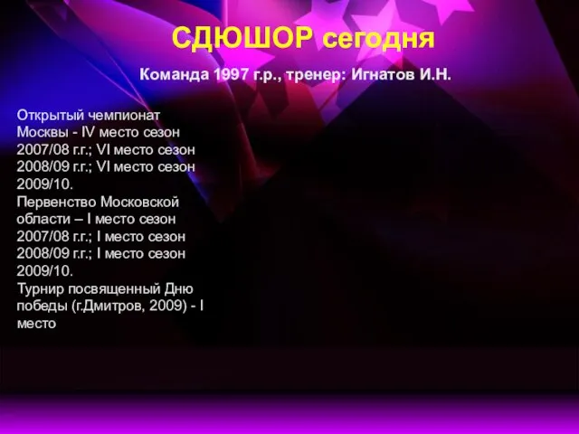 СДЮШОР сегодня Команда 1997 г.р., тренер: Игнатов И.Н. Открытый чемпионат Москвы -