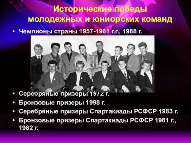 Исторические победы молодежных и юниорских команд Чемпионы страны 1957-1961 г.г., 1988 г.