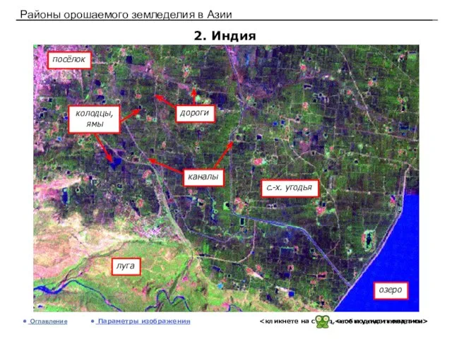 Районы орошаемого земледелия в Азии 2. Индия Оглавление Параметры изображения озеро с.-х. угодья луга посёлок