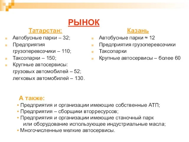 РЫНОК Татарстан: Автобусные парки – 32; Предприятия грузоперевозчики – 110; Таксопарки –