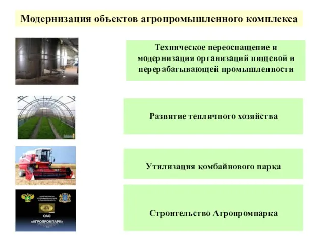 Модернизация объектов агропромышленного комплекса Утилизация комбайнового парка Развитие тепличного хозяйства Техническое переоснащение