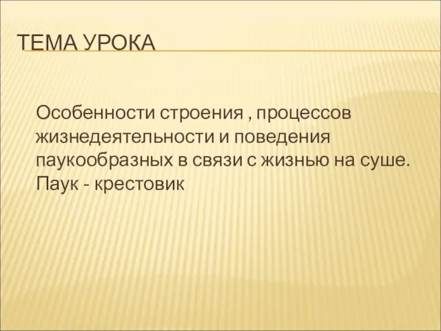 ТЕМА УРОКА Особенности строения , процессов жизнедеятельности и поведения паукообразных в связи