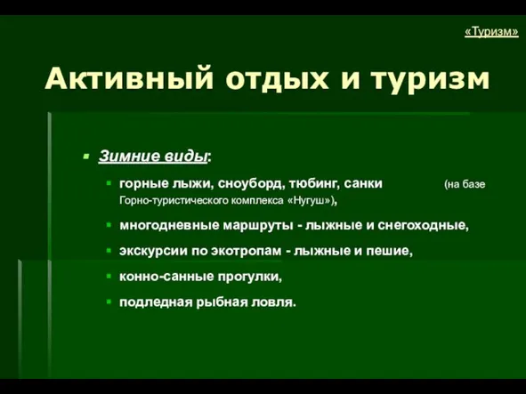 Активный отдых и туризм Зимние виды: горные лыжи, сноуборд, тюбинг, санки (на