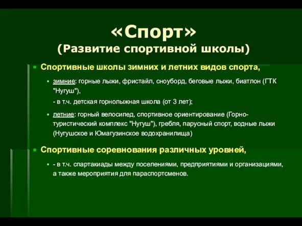 «Спорт» (Развитие спортивной школы) Спортивные школы зимних и летних видов спорта, зимние: