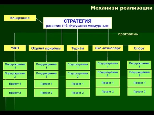 Механизм реализации Концепция СТРАТЕГИЯ развития ТРЗ «Нугушское междуречье» УЖН Туризм Охрана природы