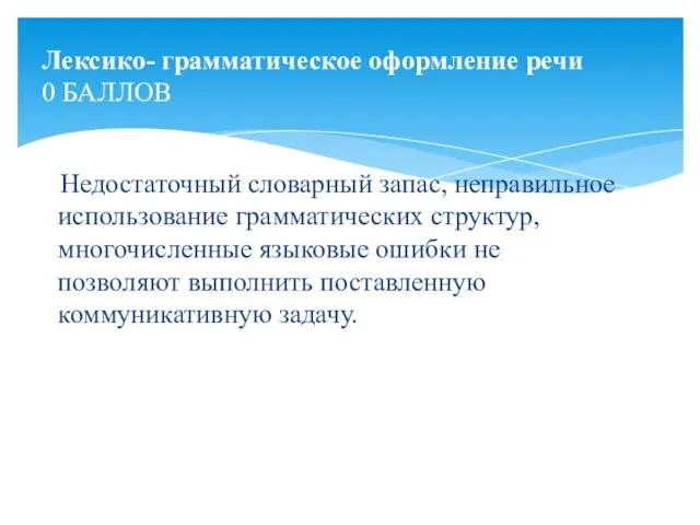 Недостаточный словарный запас, неправильное использование грамматических структур, многочисленные языковые ошибки не позволяют