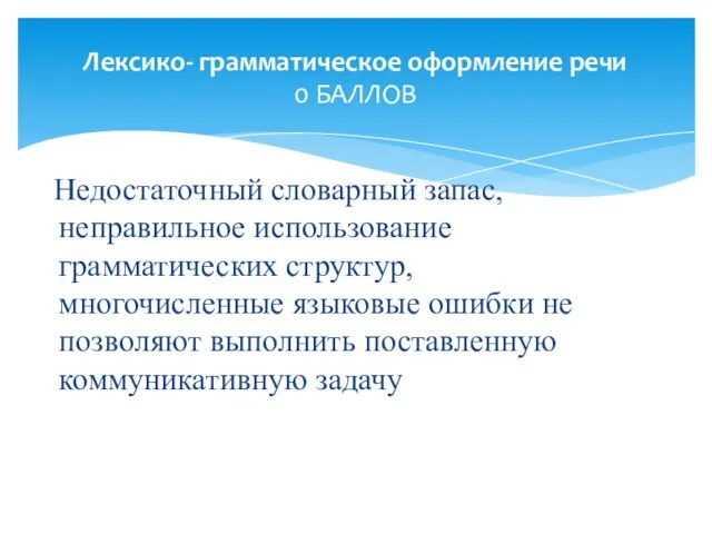 Недостаточный словарный запас, неправильное использование грамматических структур, многочисленные языковые ошибки не позволяют