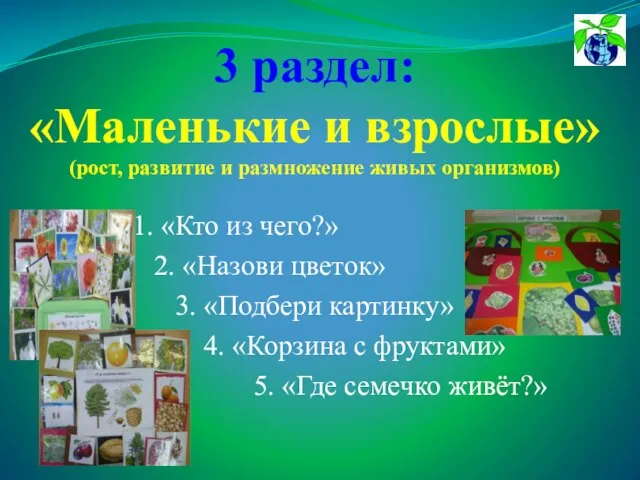 3 раздел: «Маленькие и взрослые» (рост, развитие и размножение живых организмов) 1.