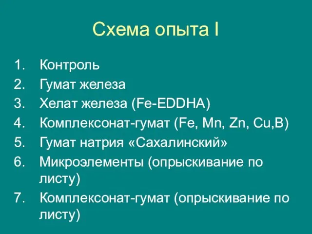 Схема опыта I Контроль Гумат железа Хелат железа (Fe-EDDHA) Комплексонат-гумат (Fe, Mn,