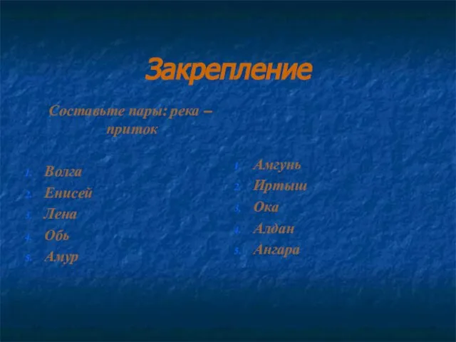 Закрепление Составьте пары: река – приток Волга Енисей Лена Обь Амур Амгунь Иртыш Ока Алдан Ангара