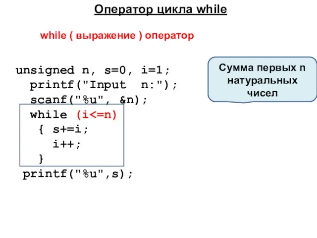 Оператор цикла while unsigned n, s=0, i=1; printf("Input n:"); scanf("%u", &n); while