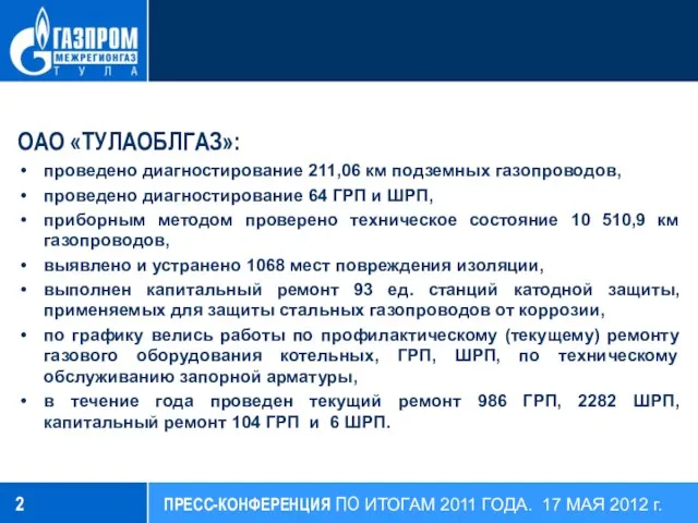 ОАО «ТУЛАОБЛГАЗ»: проведено диагностирование 211,06 км подземных газопроводов, проведено диагностирование 64 ГРП